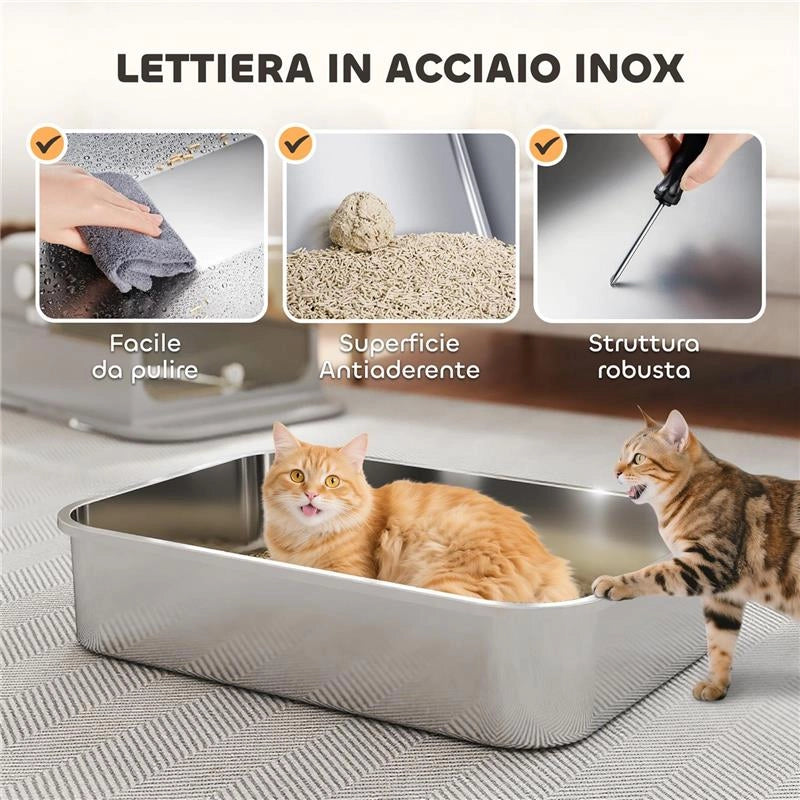 LETTIERA PER GATTI CHIUSA XXL IN ACCIAIO INOX, COPERCHIO APRIBILE A 90¦ E DOPPIE PORTE, 70X50X46.5 CM, GRIGIO
