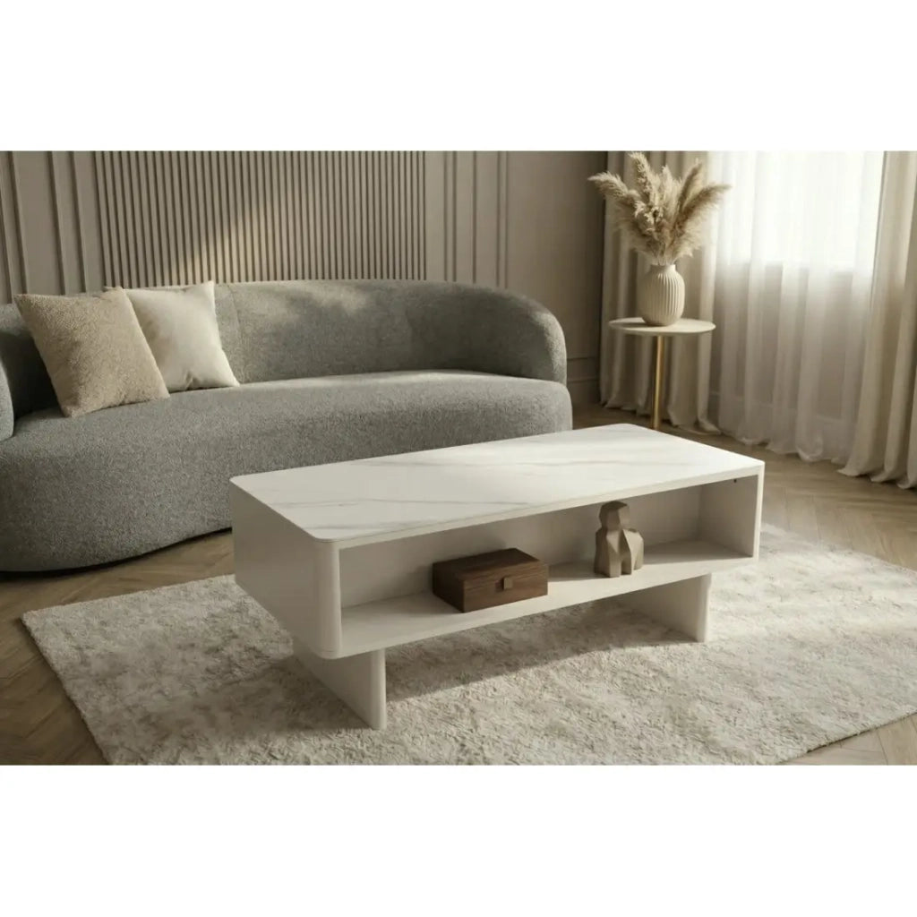Tavolino chic MIYA 120 cm – Piano in ceramica effetto marmo bianco e 2 cassetti
