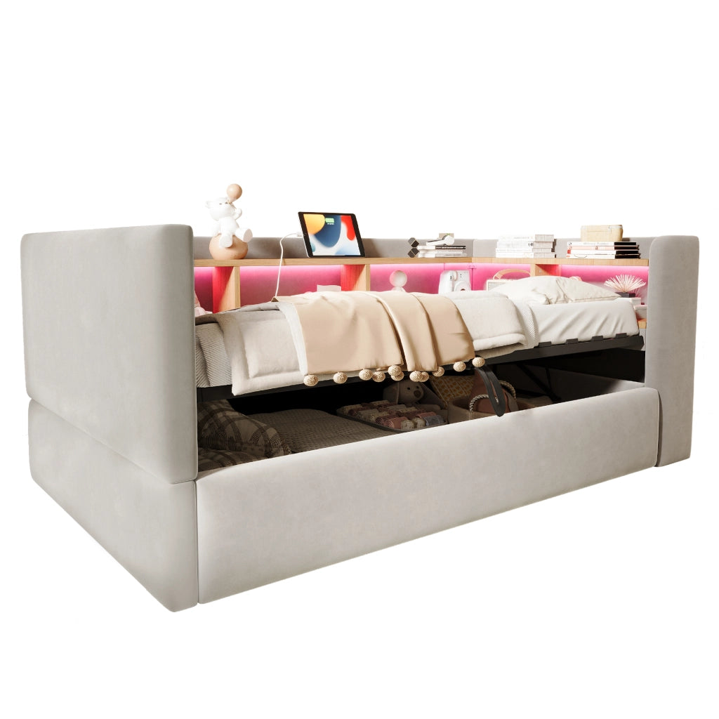 Divano letto imbottito con vano contenitore idraulico, luci LED e prese integrate, 90 x 190 cm, grigio chiaro