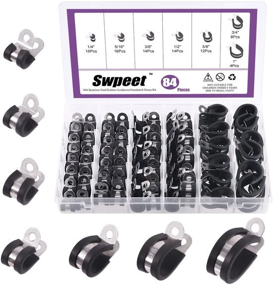 Kit di fissaggio per tubi in acciaio inossidabile 304, 84 pz, con 7 diverse misure: 1/4 '', 5/16 '', 3/8 '', 1/2 '', 5/8 '', 3/4 '', 1 '', con gommati in gomma, fissaggi per cavi, assortimento perfetto per fissare tubi.