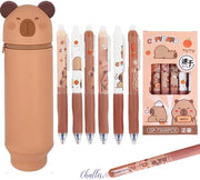 Etui 2-in-1 in silicone Capybara, con 6 pennarelli Capybara, contenitore verticale, pennarelli Capybara con gomma cancellabile, per attrezzature scolastiche, regali per bambini