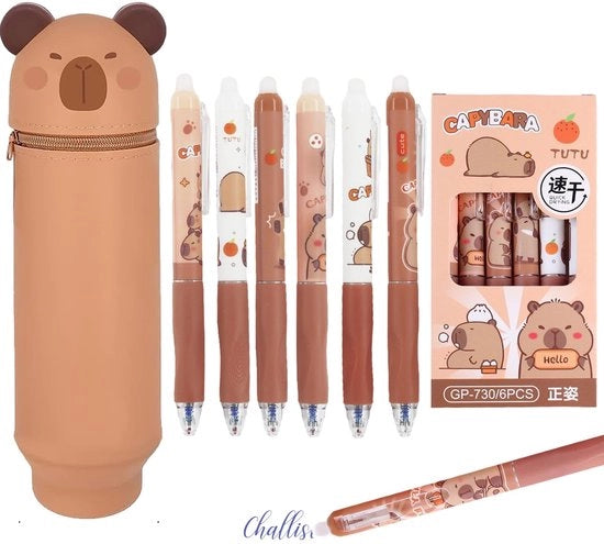 Etui 2-in-1 in silicone Capybara, con 6 pennarelli Capybara, contenitore verticale, pennarelli Capybara con gomma cancellabile, per attrezzature scolastiche, regali per bambini