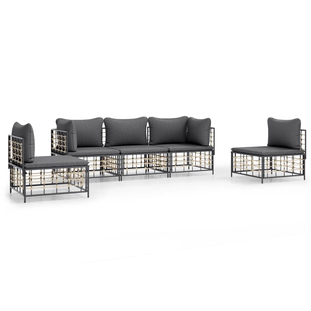 Set Divani da Giardino 5 pz | Set Salotto da Giardino con Cuscini Antracite in Polyrattan