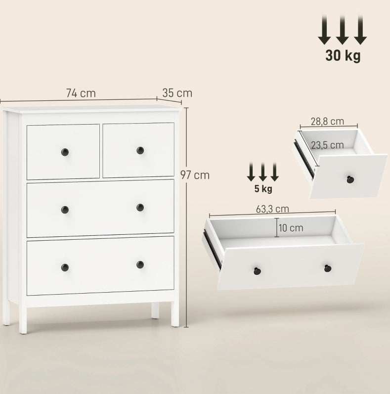 Cassettiera bianca 4 cassetti 74x35x97 cm – per abiti e biancheria