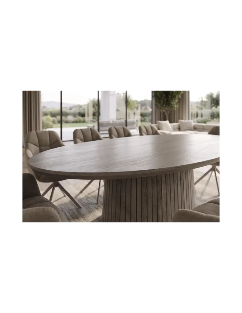Tavolo da pranzo ovale ORINO 220 cm in legno massello di mango grigio con piede centrale scanalato – 10 posti