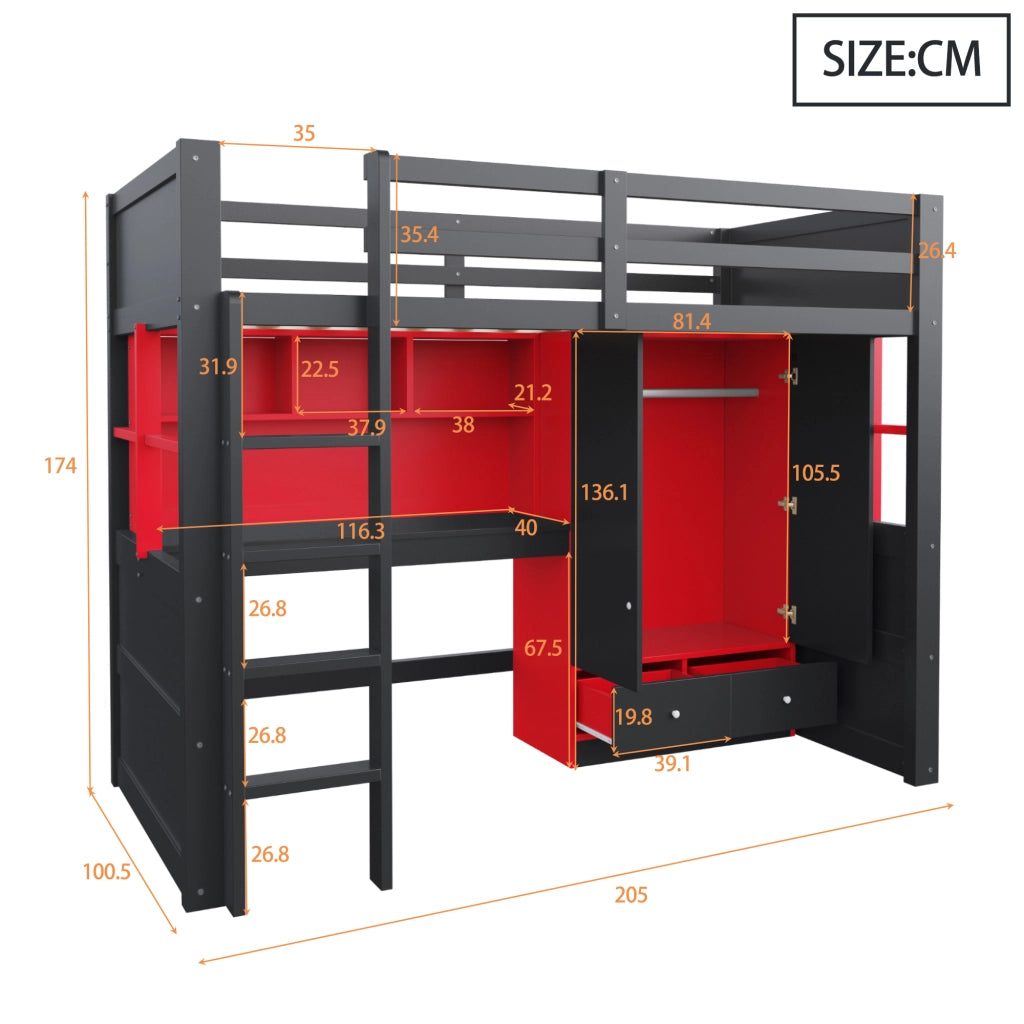 LETTO A CASTELLO ALTO 90x200 cm Nero/Rosso con scrivania e armadio