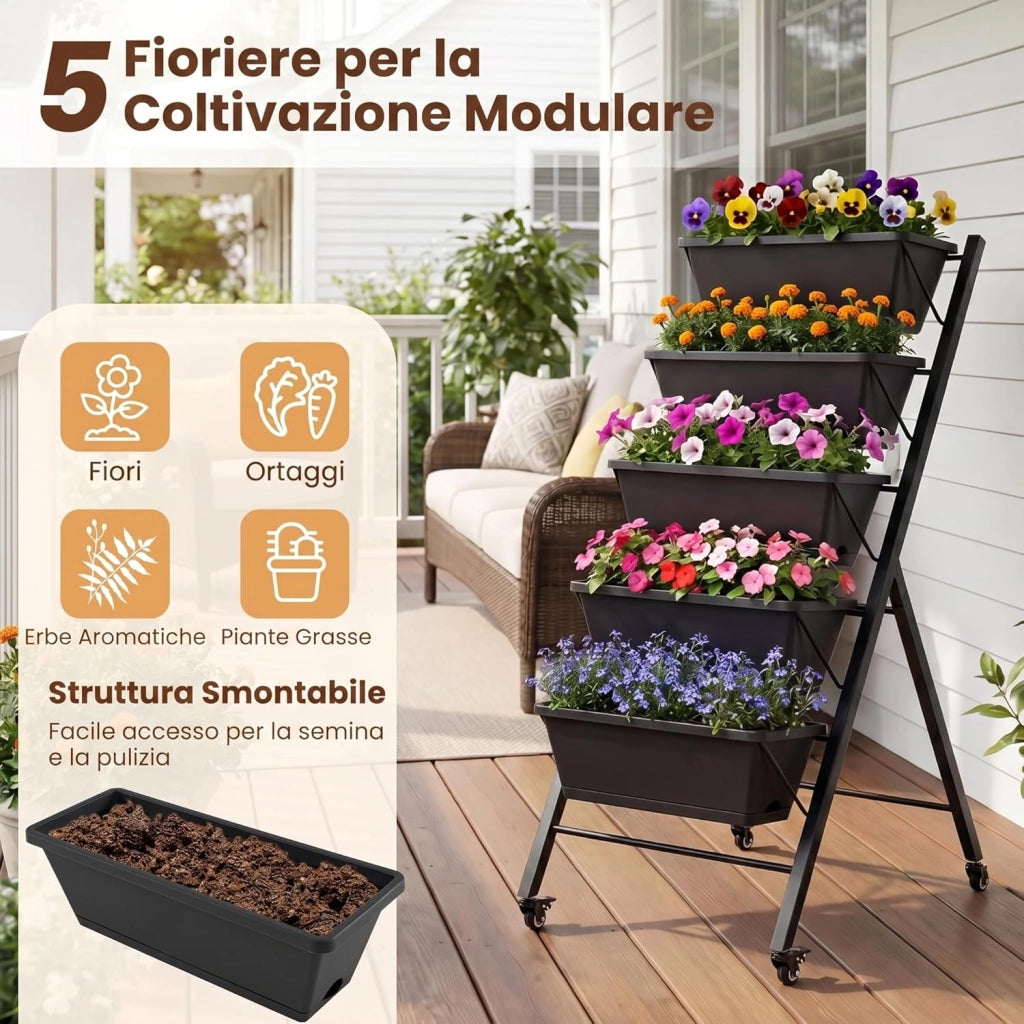 Fioriera Verticale a 5 Livelli, Orto Rialzato da Interno ed Esterno con Ruote Bloccabili, Vassoio e Foro di Drenaggio, Scaffale a Scaletta in Metallo Verniciato per Piante, Fiori e Verdure