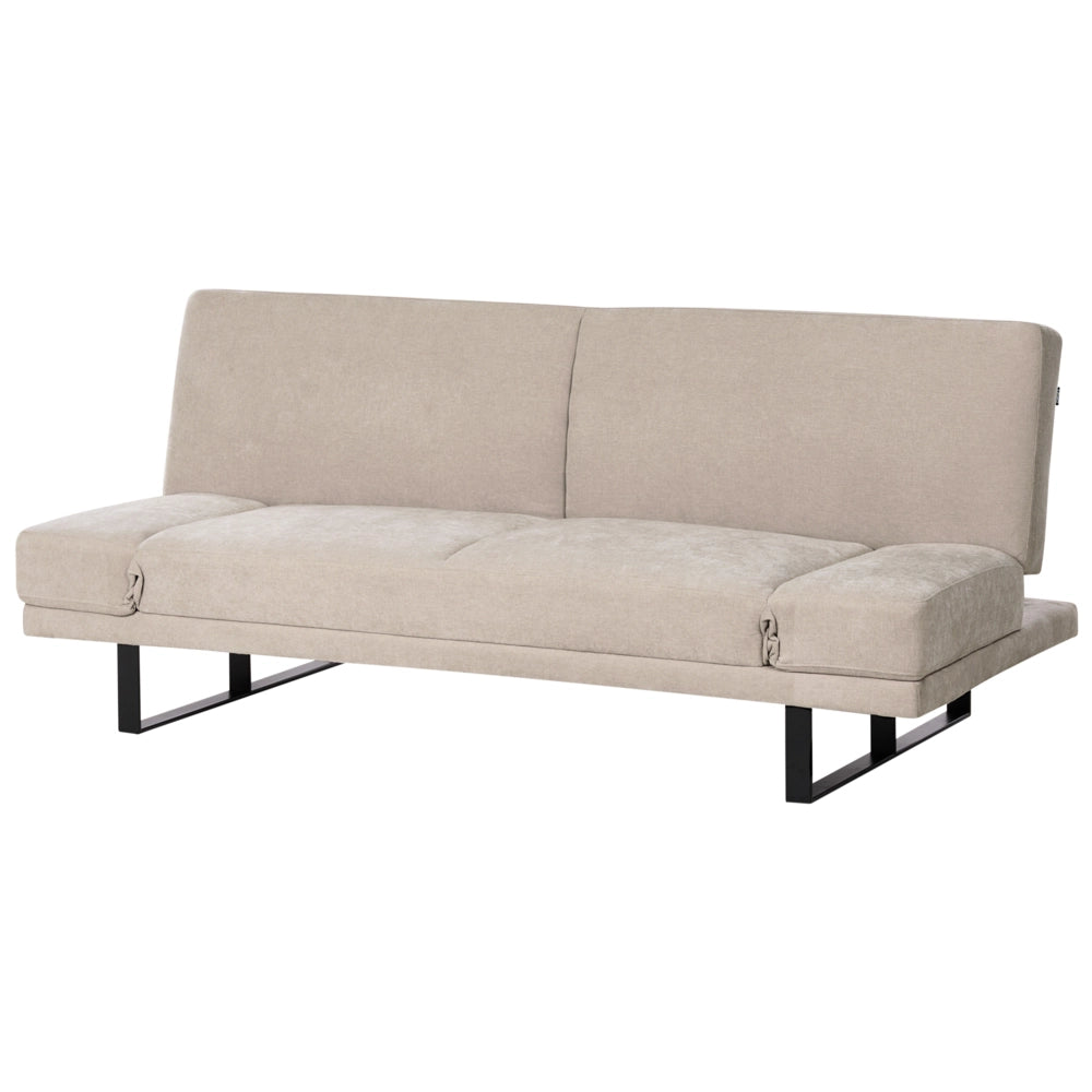 Divano Letto in Tessuto beige chiaro ciniglia con schienale reclinabile e struttura in legno stile moderno