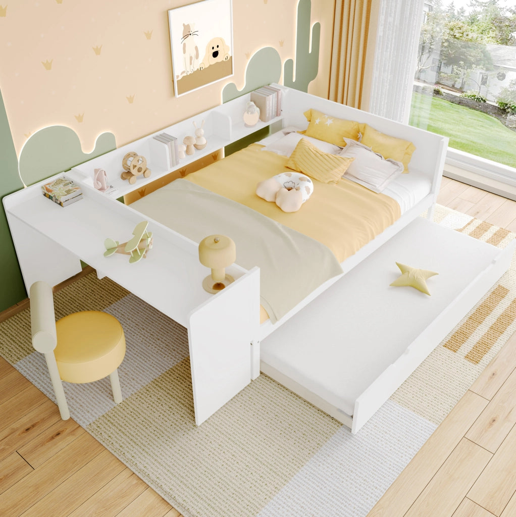 Letto 140x200 cm con scrivania; letto estraibile e ripiani in legno e MDF bianco