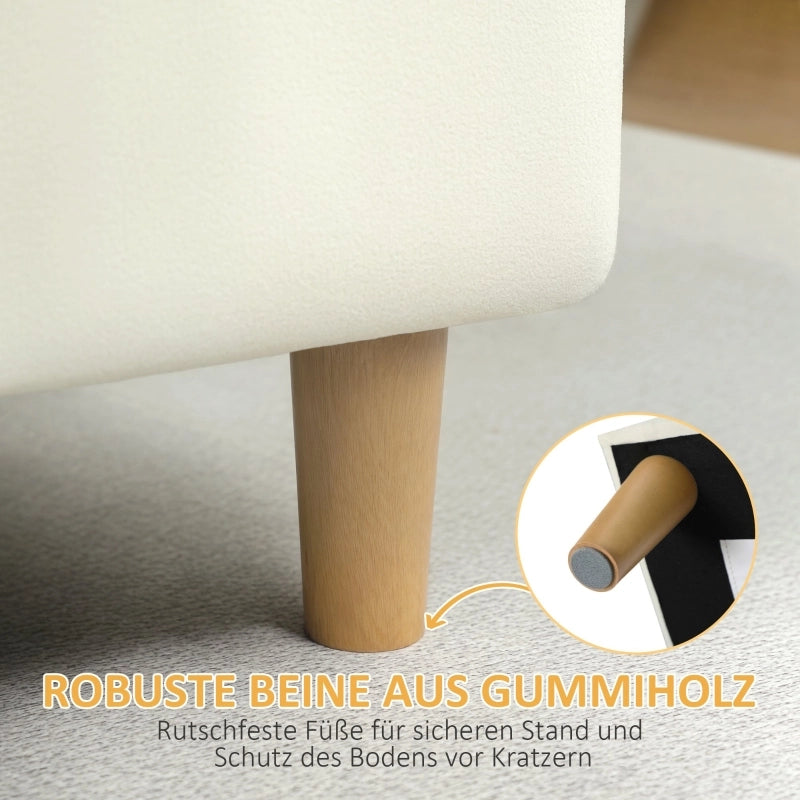 Pouf contenitore con gambe in legno massello e seduta in poliestere, spazio portaoggetti per soggiorno, bianco crema
