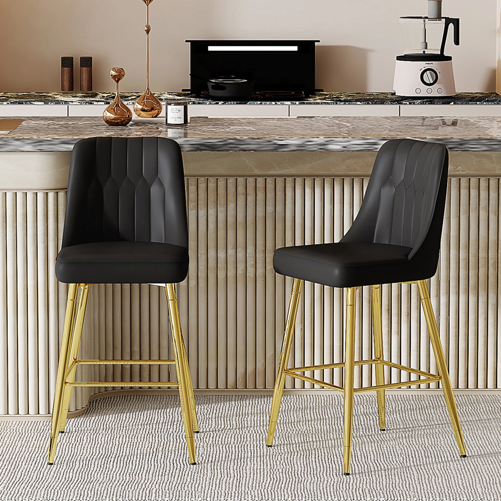 Sgabelli da bar, 2 pezzi in pelle PU con schienale ergonomico, poggiapiedi e struttura in metallo nero e oro, per cucina, altezza 100 cm
