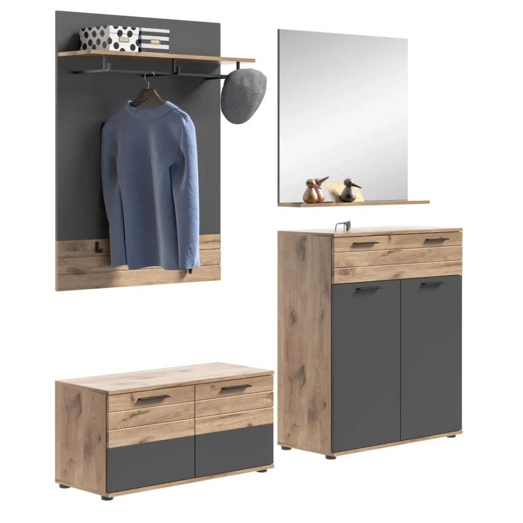 Set di mobili per ingresso: mobile per scarpe + buffet + specchio + attaccapanni – Grigio antracite e rovere chiaro – SELMA