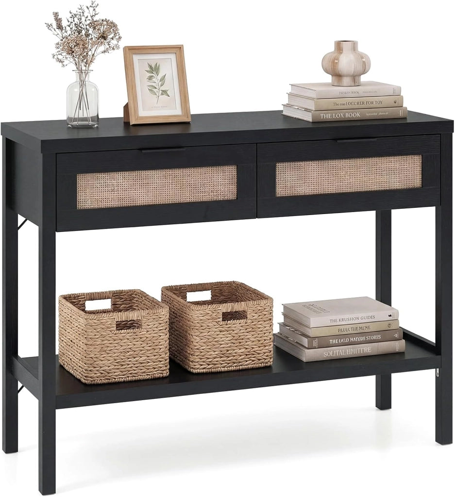 Tavolo Consolle, Tavolino da Divano in Legno con Doppio Cassetto, Ripiano Inferiore e Ampio Piano, Kit Antiribaltamento, Consolle per Ingresso, Corridoio e Soggiorno (Naturale)