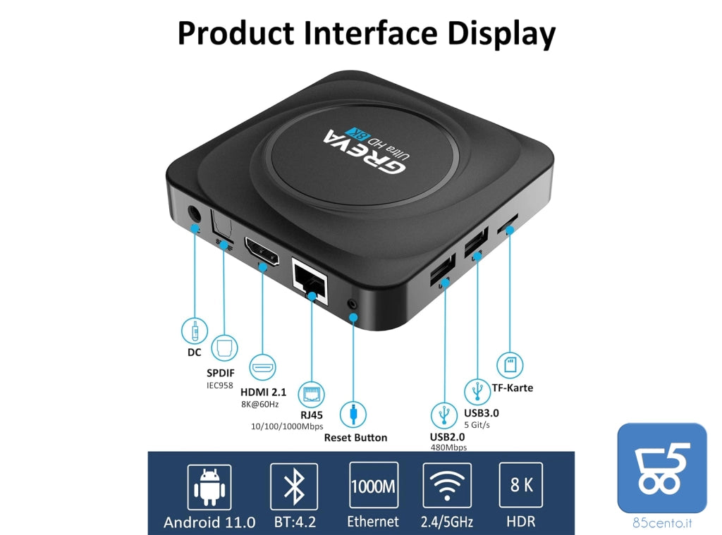 Android TV Box 11.0 8K CPU 4GB RAM 32GB ROM Supporto 100/1000M LAN Enternet 2.4G/5.8G WiFi BT 5.0 USB 2.0/3.0