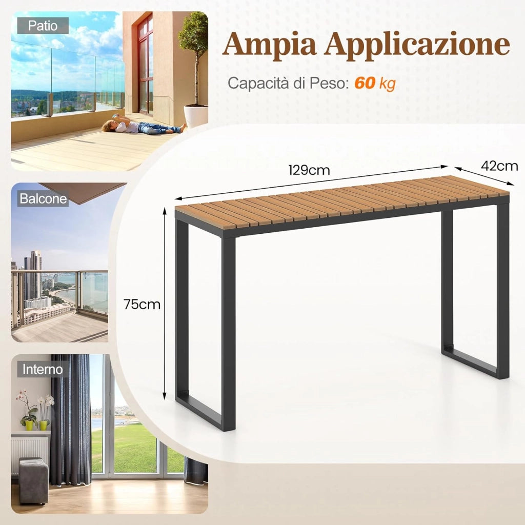 Tavolo Consolle da Esterno Stretto, 129x42x75 cm, Tavolo da Balcone in WPC Impermeabile con Struttura Metallica, Portata 60 kg per Terrazzo, Giardino e Ingresso, Portata 60 kg
