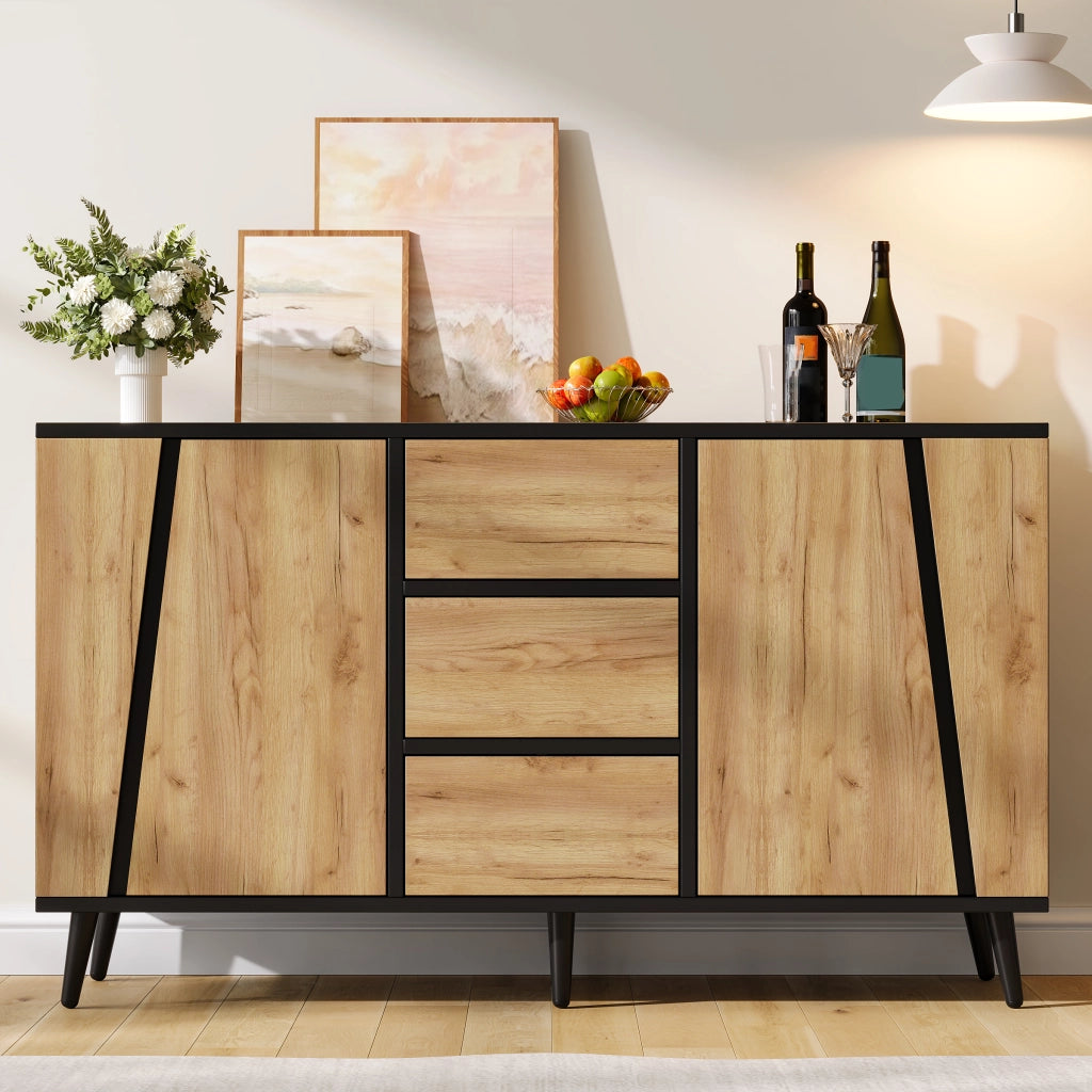 Sideboard con 2 ante e 3 cassetti 120x40x70 cm in MDF e truciolare naturale e nero
