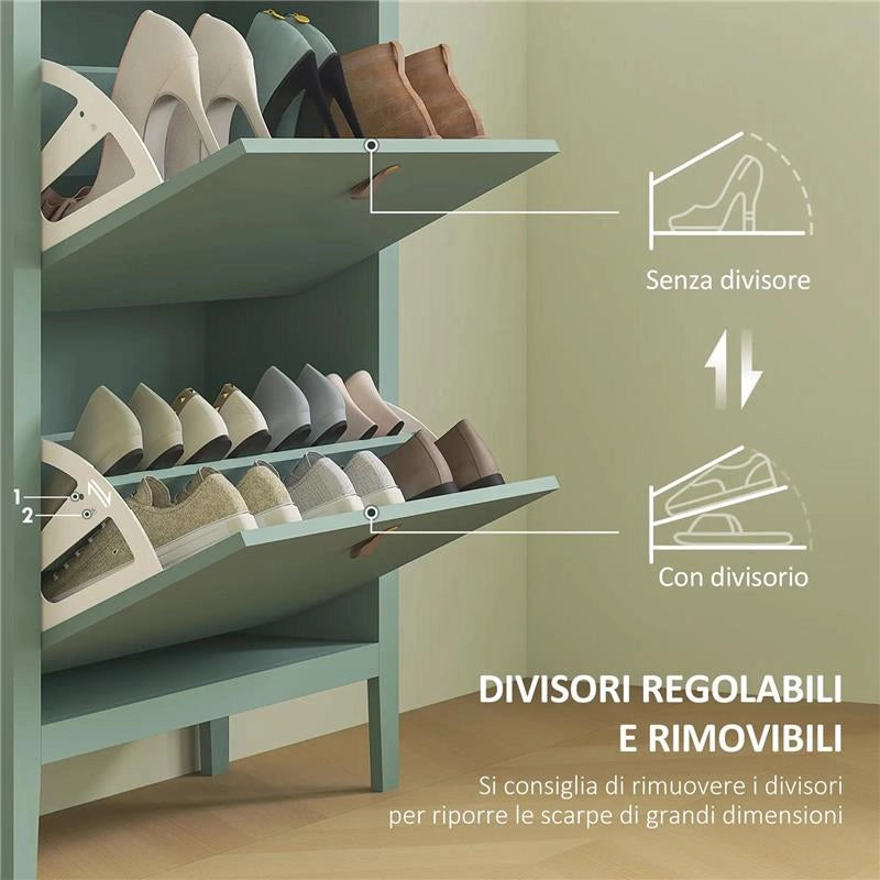 SCARPIERA SLIM 2 CASSETTI PER 14 PAIA DI SCARPE TAGLIA EU44 E RIPIANI REGOLABILI 80X24X95.5 CM VERDE