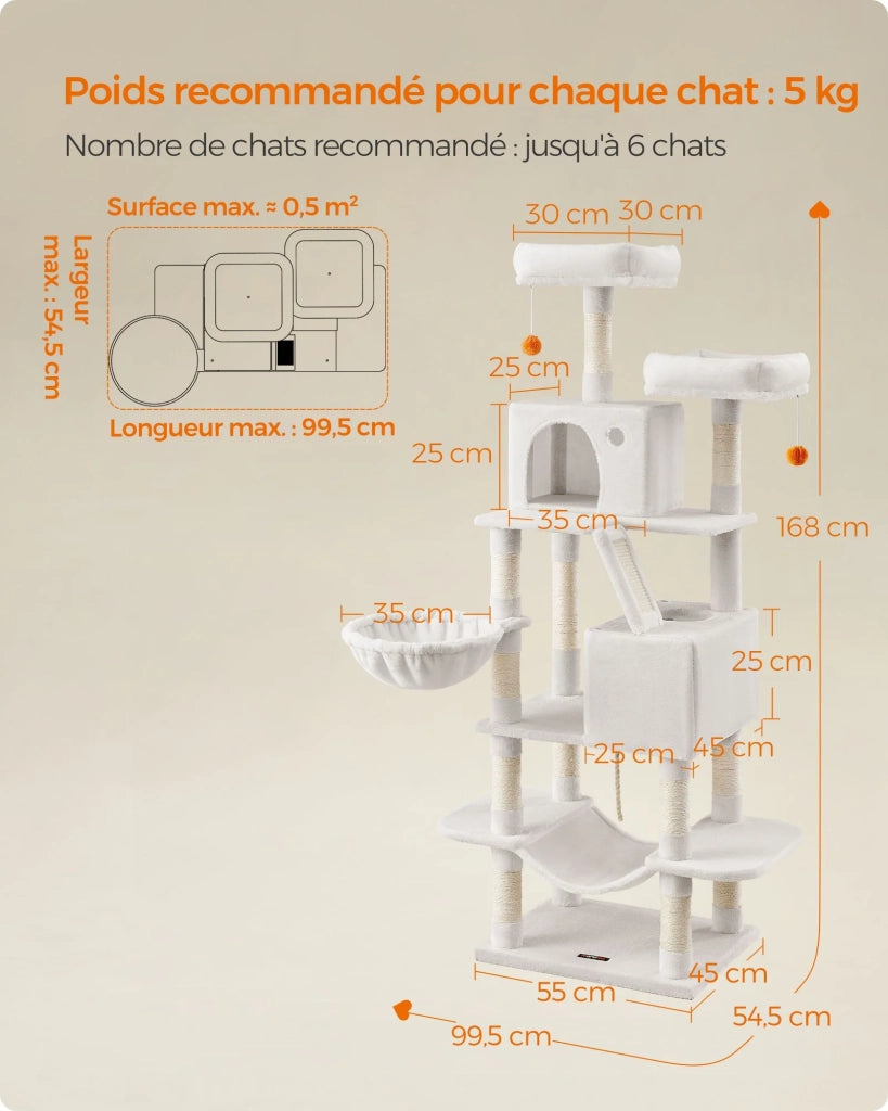 Tiragraffi grande torre gioco altezza 168 cm con 13 tiragraffi 1 tavola tiragraffi 2 piattaforme 2 nicchie cesto amaca pompon tessuto peluche multilivello bianco 12_0003842