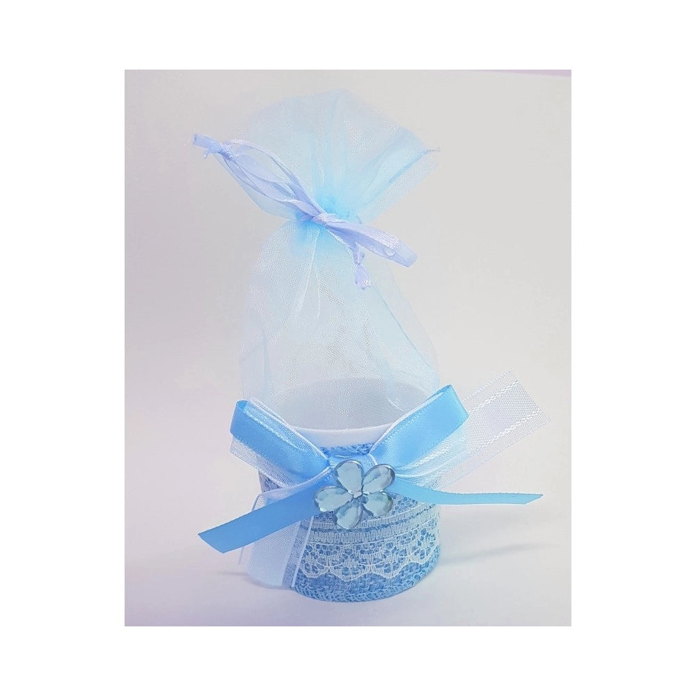 Trade Shop - Bomboniere Scatola Azzurra Fiore Sacchetto Organza Portaconfetti Nascita Battesimo -