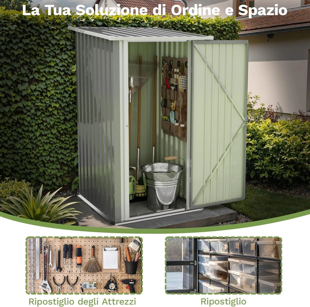 Casetta da giardino in metallo 96 x 98 x 160 cm, capannone da giardino con tetto a falde, robusto e inossidabile, guanti da lavoro inclusi, porta girevole bloccabile, piccolo capanno da