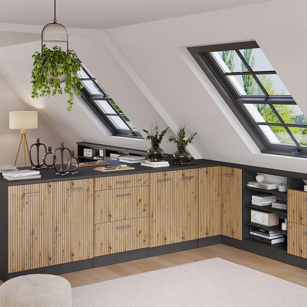 Mobile cucina sottotetto R-Line Rovere artigianale/Antracite 80 cm senza inclinazione con 2 ante Vicco