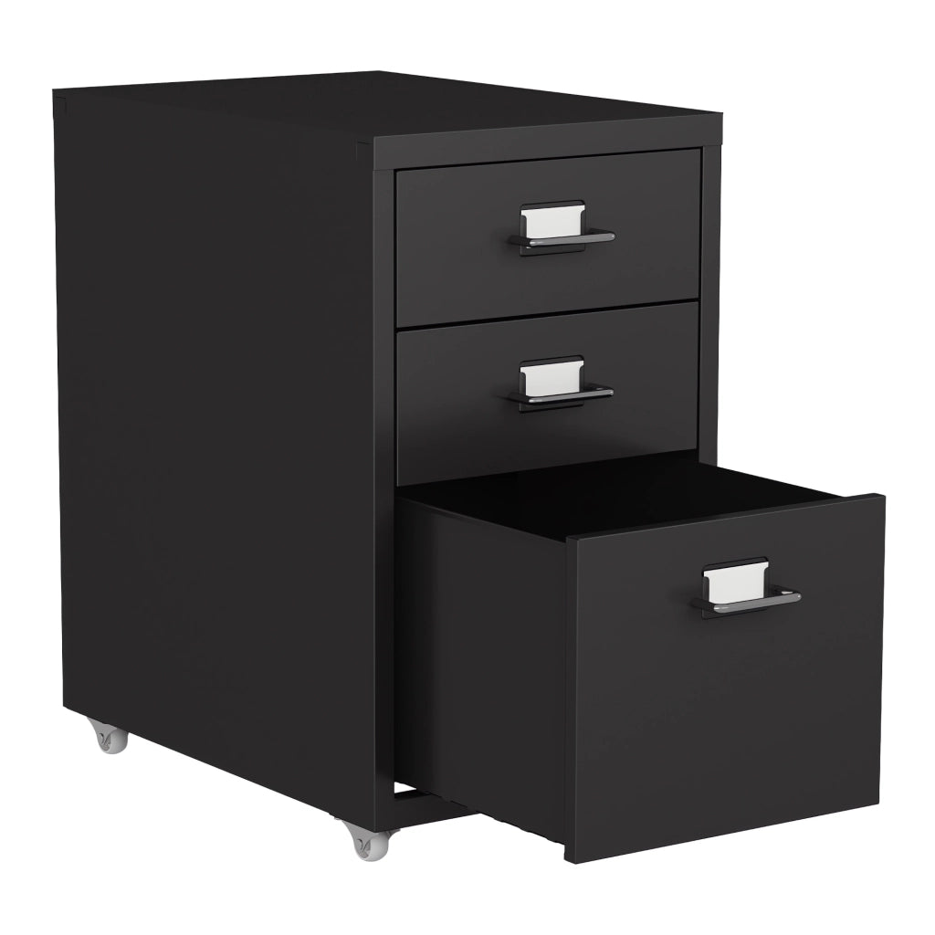 Cassettiera Kökar in Acciaio Mobile Archivio con 3 Cassetti e Rotelle - Nero Opaco [en.casa]