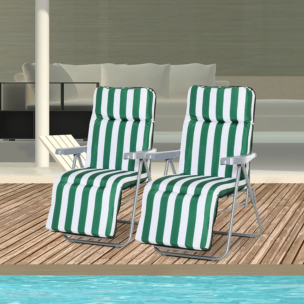 Sedia Sdraio da Spiaggia da 2 Pezzi Pieghevole e Reclinabile, Lettini Prendisole da Giardino con Cuscino Imbottito, Verde e Bianco