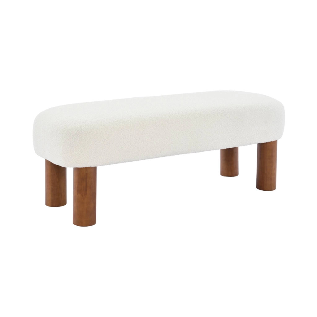 Panca in legno di gomma e tessuto bouclé, bianco