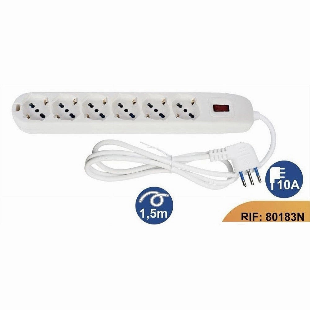 Trade Shop - Multipresa 6 Uscite Universali Spina 10a Cavo Da 1.5 Mt Bianco Ciabatta 80183n -
