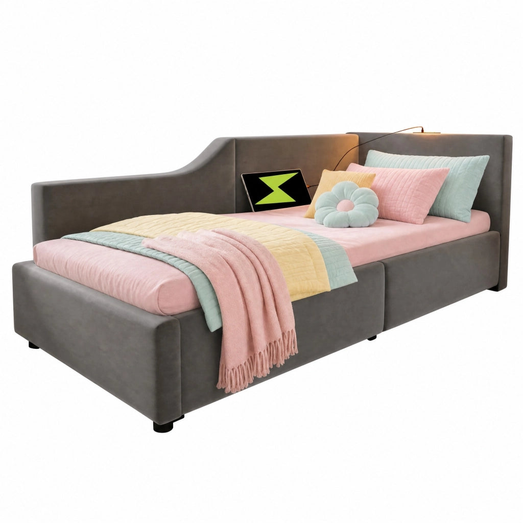 Letto a giorno imbottito 90x200 cm in velluto grigio con contenitore; lampada da lettura e USB-C