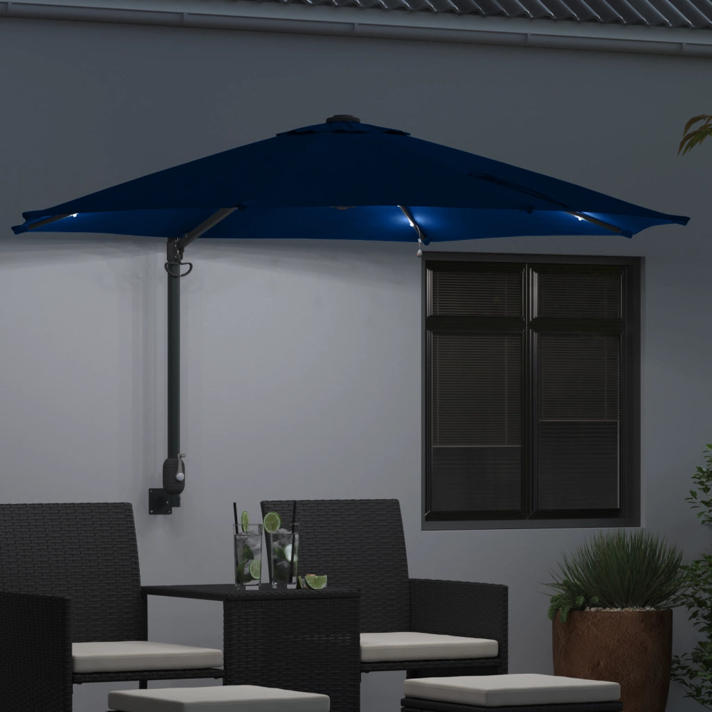 Ombrellone da Giardino Montato a Muro con LED Blu Azzurro 248 cm