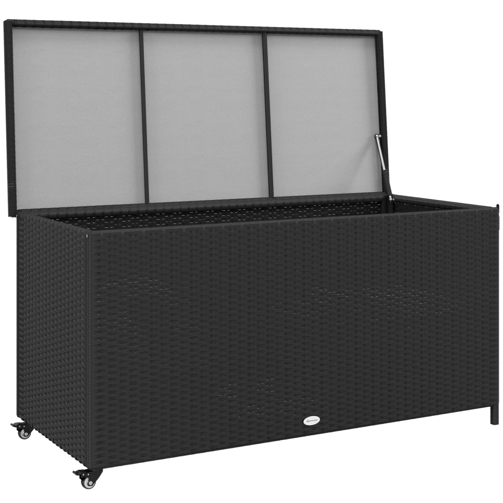 Baule da Giardino in Rattan PE con Ruote e Maniglia Laterale, 121x57x67cm, Nero