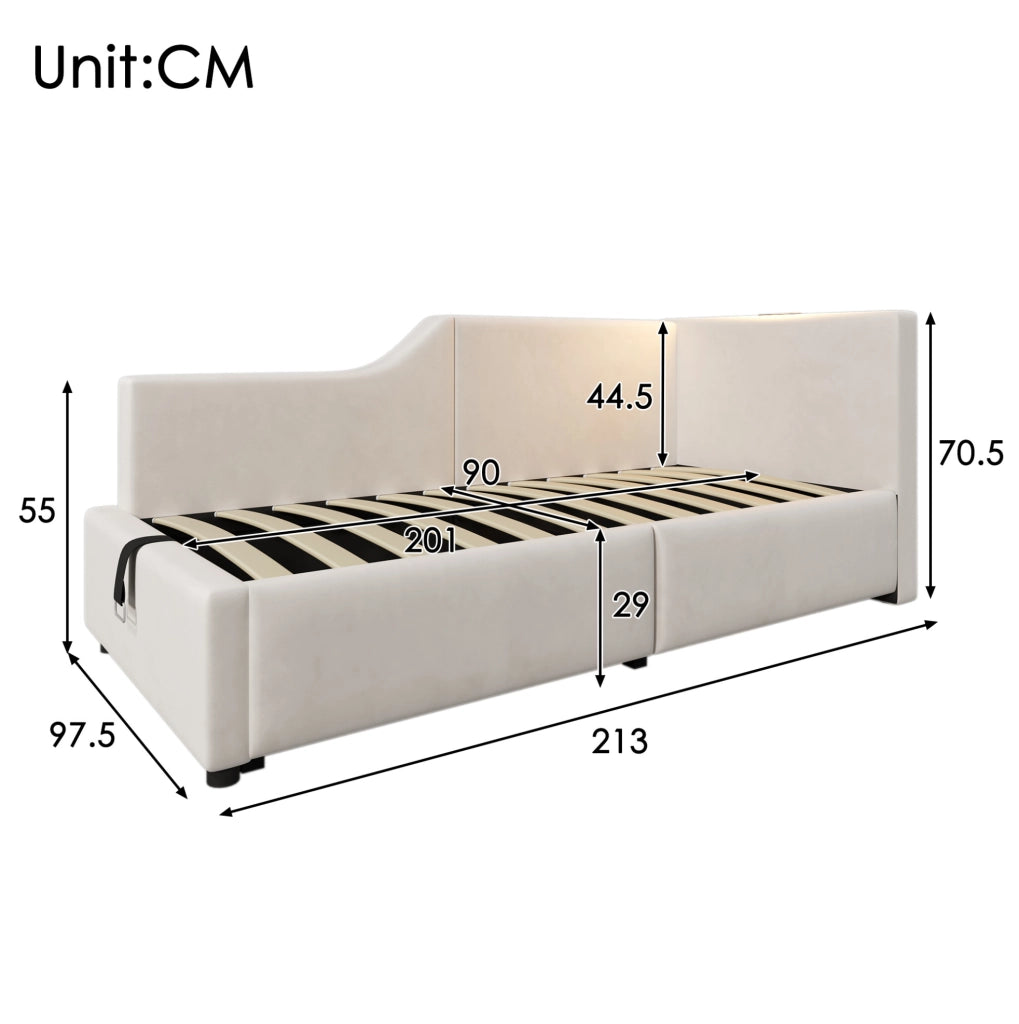 Letto da giorno 90x200 cm in velluto beige con vano e USB-C
