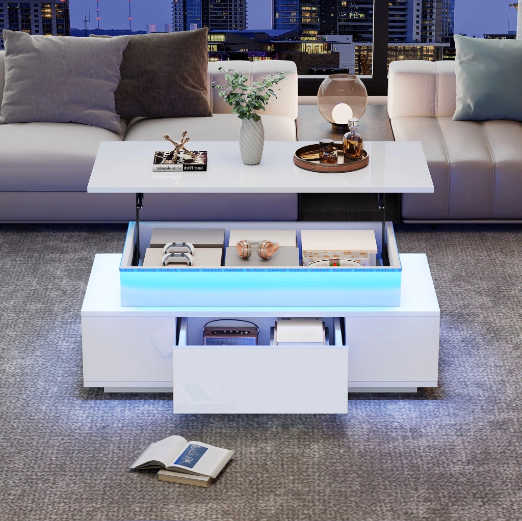 Tavolino da caffè sollevabile 96x45x40 cm con LED; contenitore e cassetto; bianco lucido