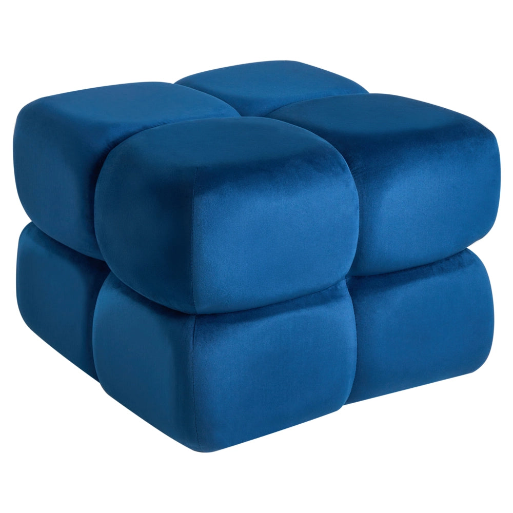 Pouf quadrato in tessuto vellutato blu scuro elemento d'arredo moderno per salotto o camera da letto