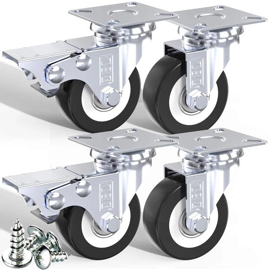 Ruote di rotolamento per carrello, 50 mm, PU, robuste, doppio smalto, 2 ruote con freno, gomma, per carrelli, mobili, 240 kg, 4 pezzi