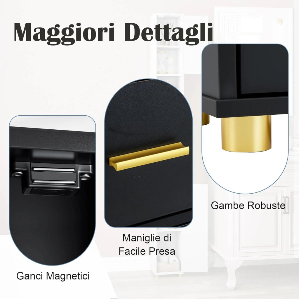 Mobile Bagno Salvaspazio con Luce, Colonna Bagno con Scomparti Aperti in Vetro, Ripiani Regolabili, 1 Cassetto e 1 Gancio Laterale per Spazi Ridotti 20 x 20 x 181 cm (4 Ripiani con Luce, Nero)
