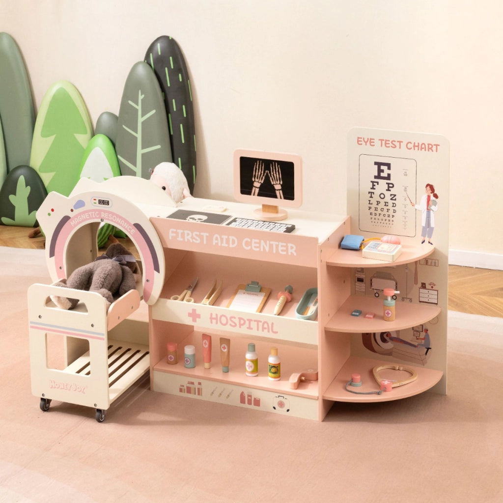 Set gioco dottore per bambini kit ospedale in legno per gioco di ruolo con cartello per vista, Gioco per bambini 3+ anni Rosa
