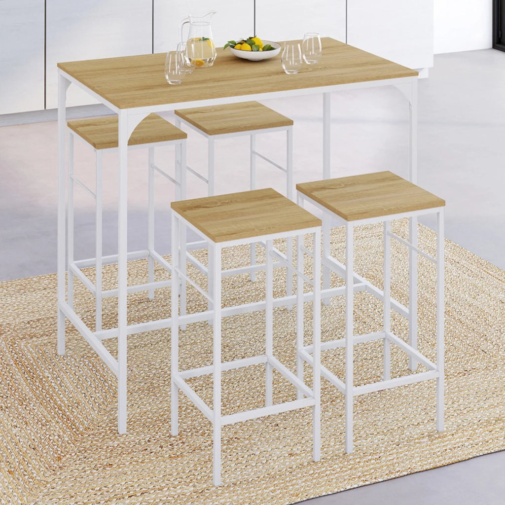 IDMarket - DETROIT Tavolo da bar alto 100 cm e 4 sedie da bar in legno e metallo bianco, design industriale
