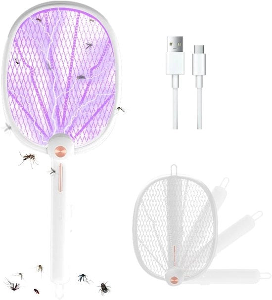 Zappatore elettrico per esterni - 3000 V - Ripiegabile - USB - Schermo contro zanzare e zecche - Bianco