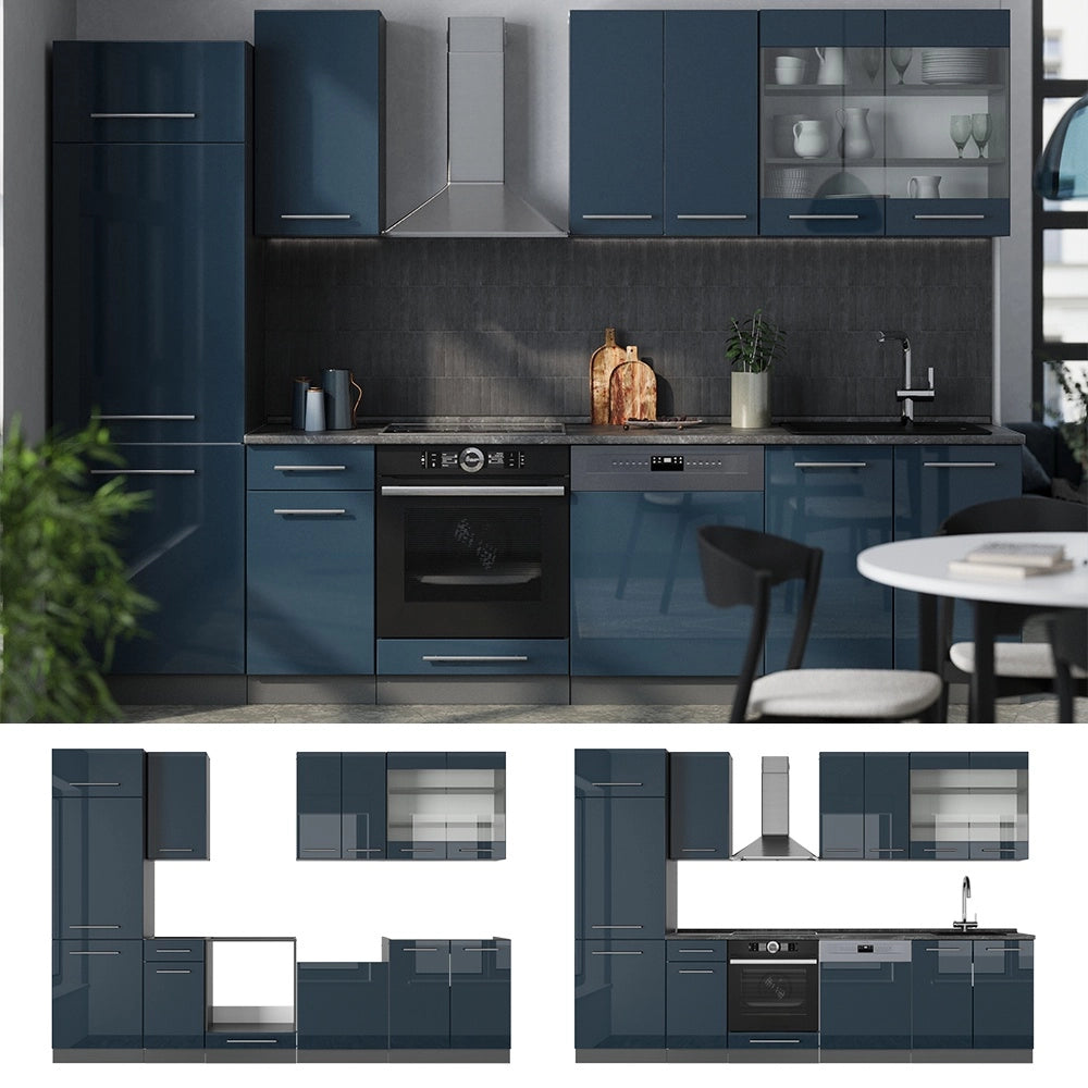 Cucina componibile Fame-Line Blu scuro lucido/Antracite 300 cm, PL Marmo Vicco