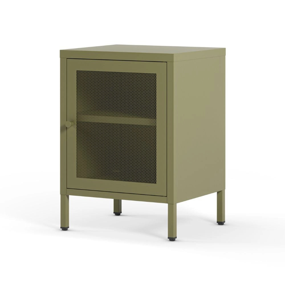 Comodino Fayna in metallo verde con anta reticolata 40x35x60H – Design industriale