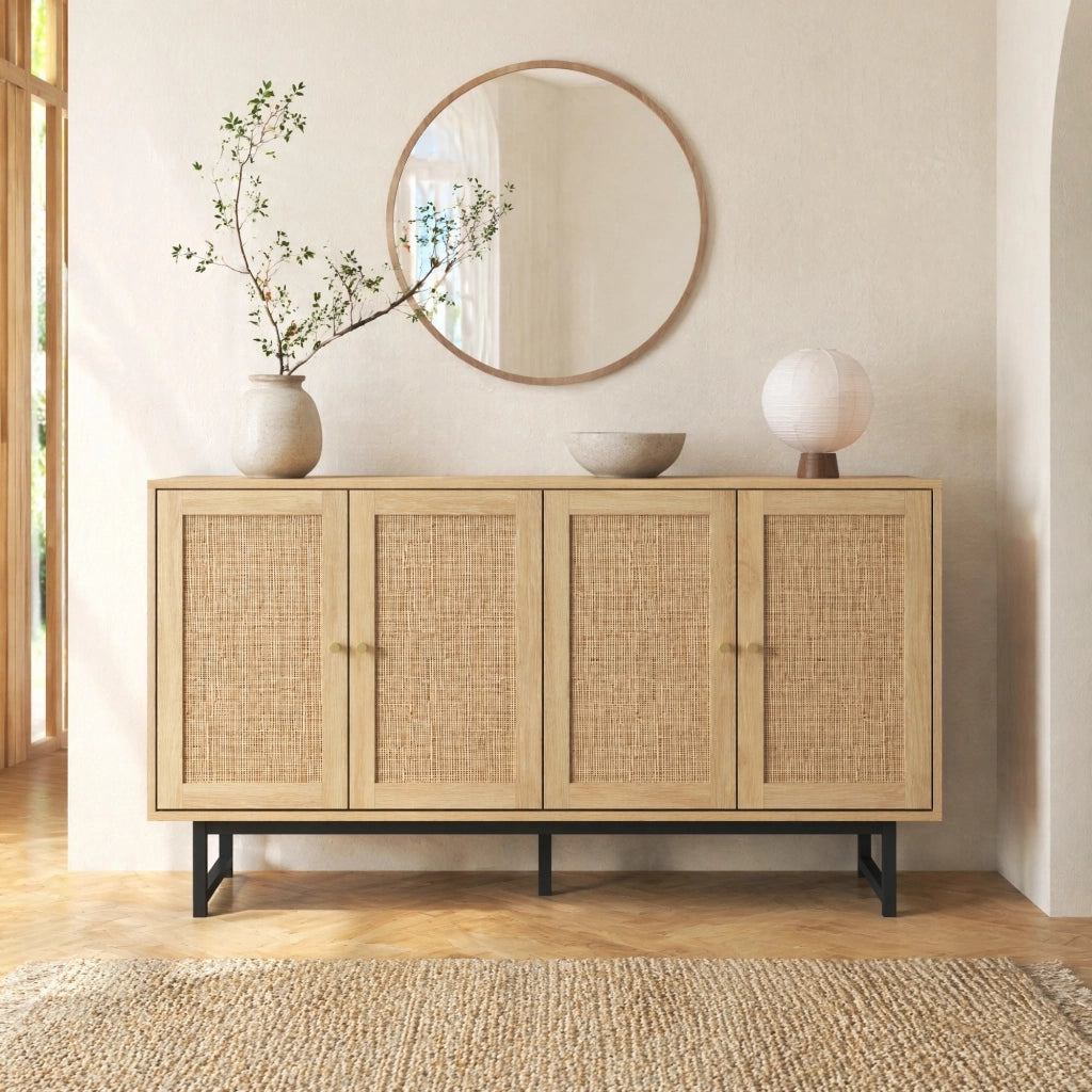 MADIA 140x39,5x80 cm in effetto legno con 4 ante e rattan vero
