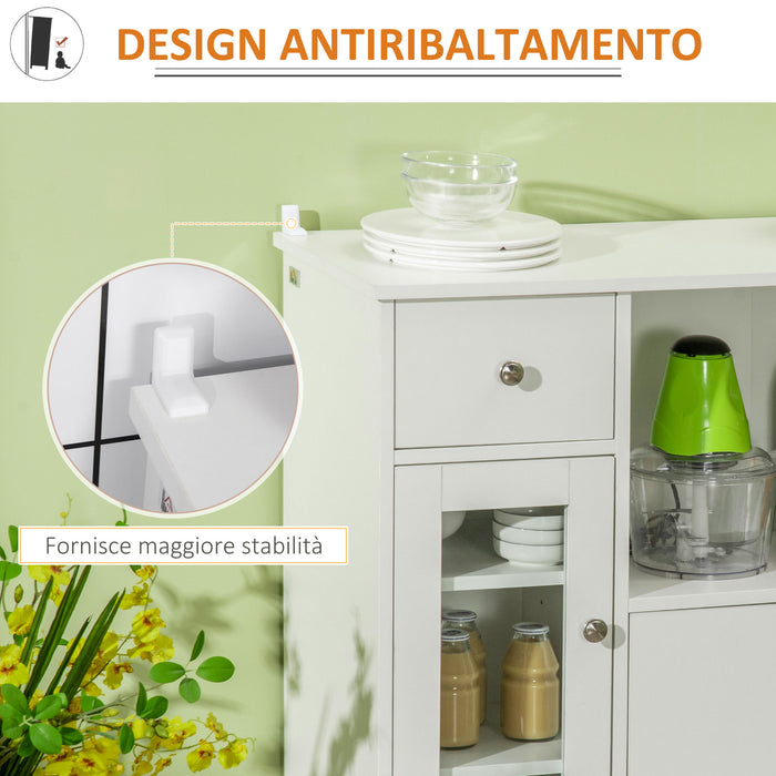 Credenza Buffet 80x30x82 cm con Vano Aperto Cassetto 3 Ripiani e Armadietto a 2 Ante in Legno Bianco