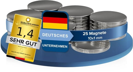 25x Magnete Neodym potenza - magneti a disco extra forti rotondi - diametro 10x1mm alto - magneti forti superpotenti - attrazione massima ca. 0,5 kg - magneti per whiteboard, lavagne, pannelli magnetici, officine
