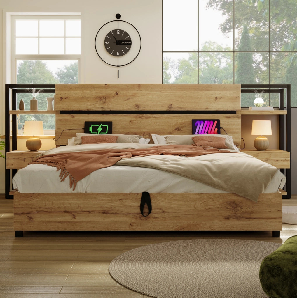 Letto contenitore 160x200 cm in MDF rovere con USB Type-C, senza materasso
