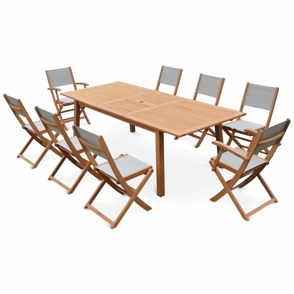 Set tavolo da giardino rettangolare allungabile in legno con 8 sedie,
