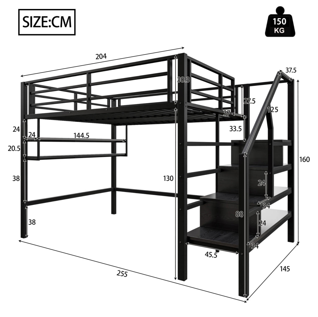 Letto a soppalco per bambini 140x200 cm nero con ripiani