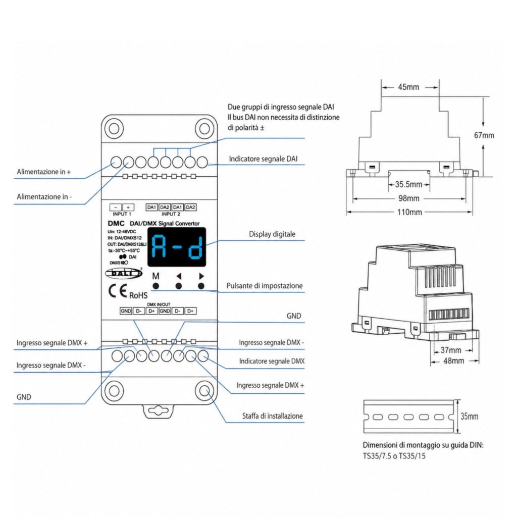 Convertitore Segnale DALI DMX512 Bidirezionale, Gateway da Guida DIN, Display Digitale, 12V 24V 36V 48V, DALI-2