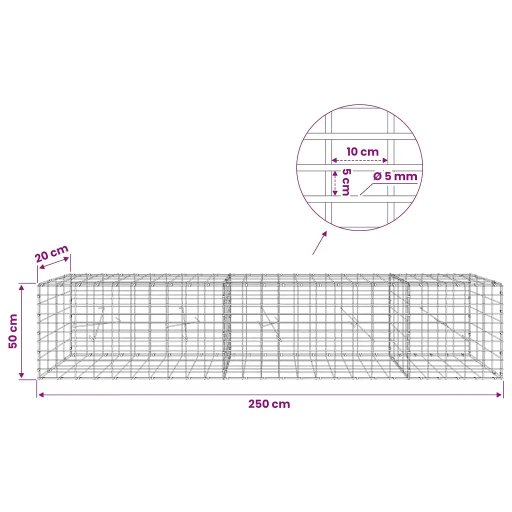 Gabione con Filo da 5 mm e Rete da 5x10 cm 250x20x50 cm 3464519